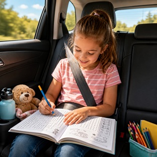 Child sitting in the back seat of a car while working in a puzzle book during a screen-free family road trip.